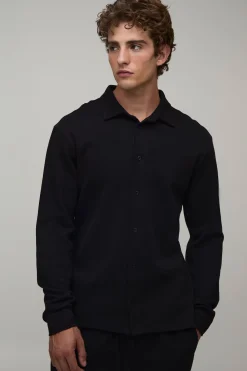 Chemise En Jersey Piqué Coupe Slim À Col Boutonné Et Manches Longues