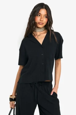 boohoo Chemise en lin premium à manches courtes<Femme Tops