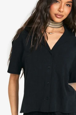 boohoo Chemise en lin premium à manches courtes<Femme Tops