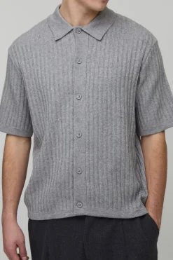 boohooMAN Chemise en Maille Côtelée Manches Courtes Coupe Ample Toucher Doux<Homme Chemises|Maille