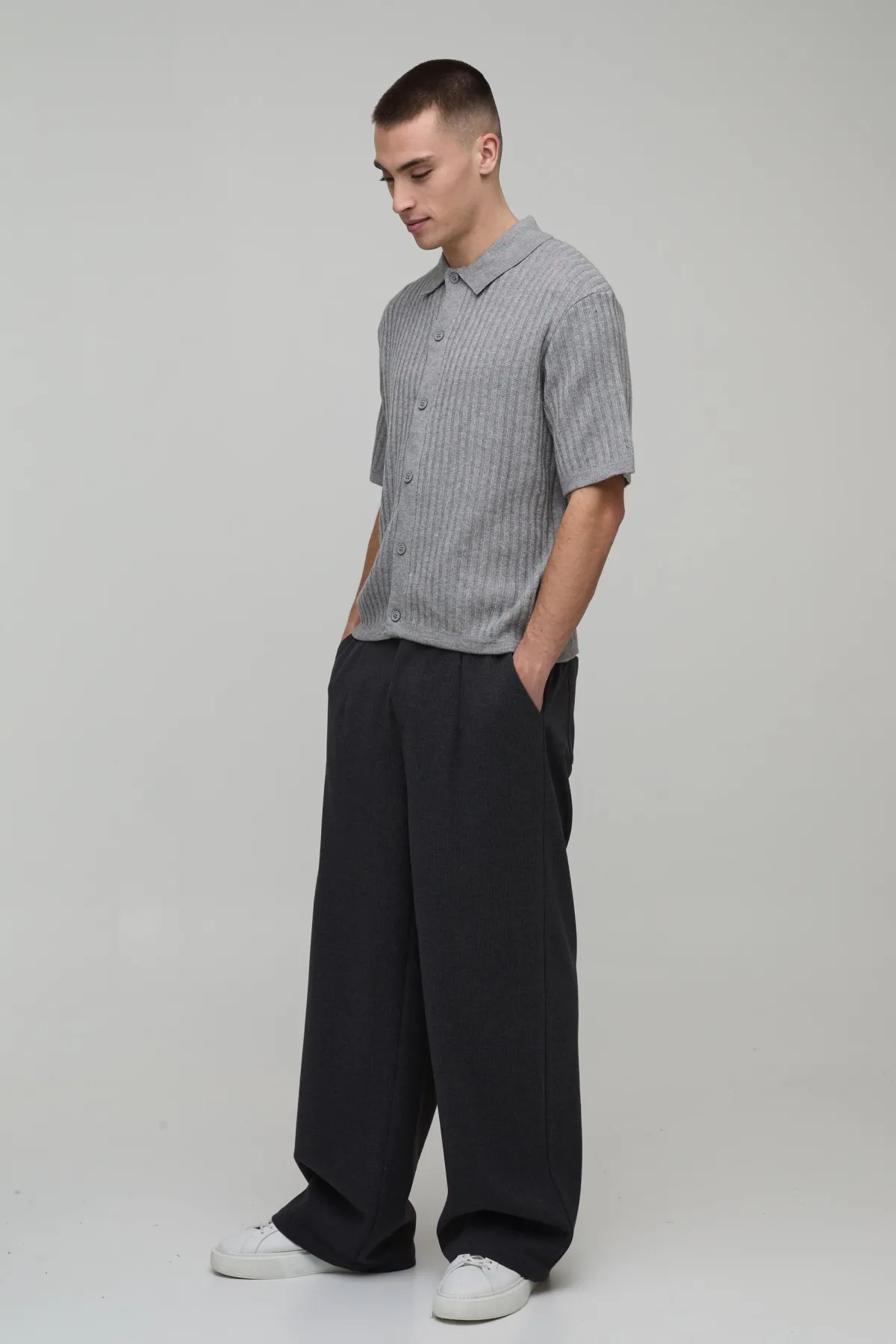 boohooMAN Chemise en Maille Côtelée Manches Courtes Coupe Ample Toucher Doux<Homme Chemises|Maille