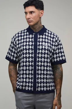 boohooMAN Chemise En Maille Jacquard À Patchs Coupe Boxy Décontractée Pour Homme Grand<Homme Tout Afficher|Tenues De Soirée Tall
