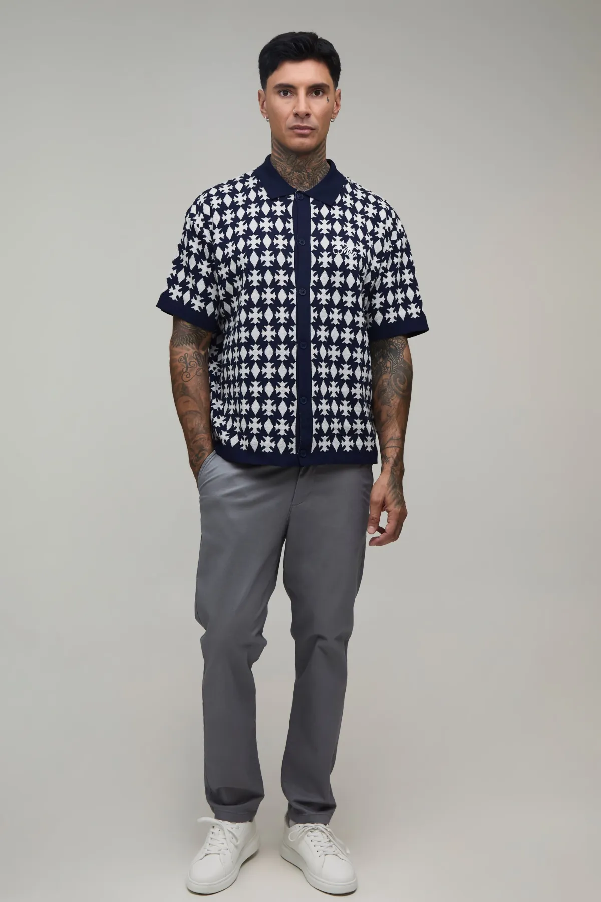 boohooMAN Chemise En Maille Jacquard À Patchs Coupe Boxy Décontractée Pour Homme Grand<Homme Tout Afficher|Tenues De Soirée Tall