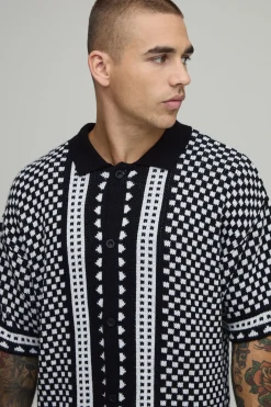Chemise En Maille À Manches Courtes Coupe Ample À Carreaux Bordés