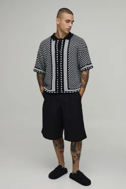 Chemise En Maille À Manches Courtes Coupe Ample À Carreaux Bordés