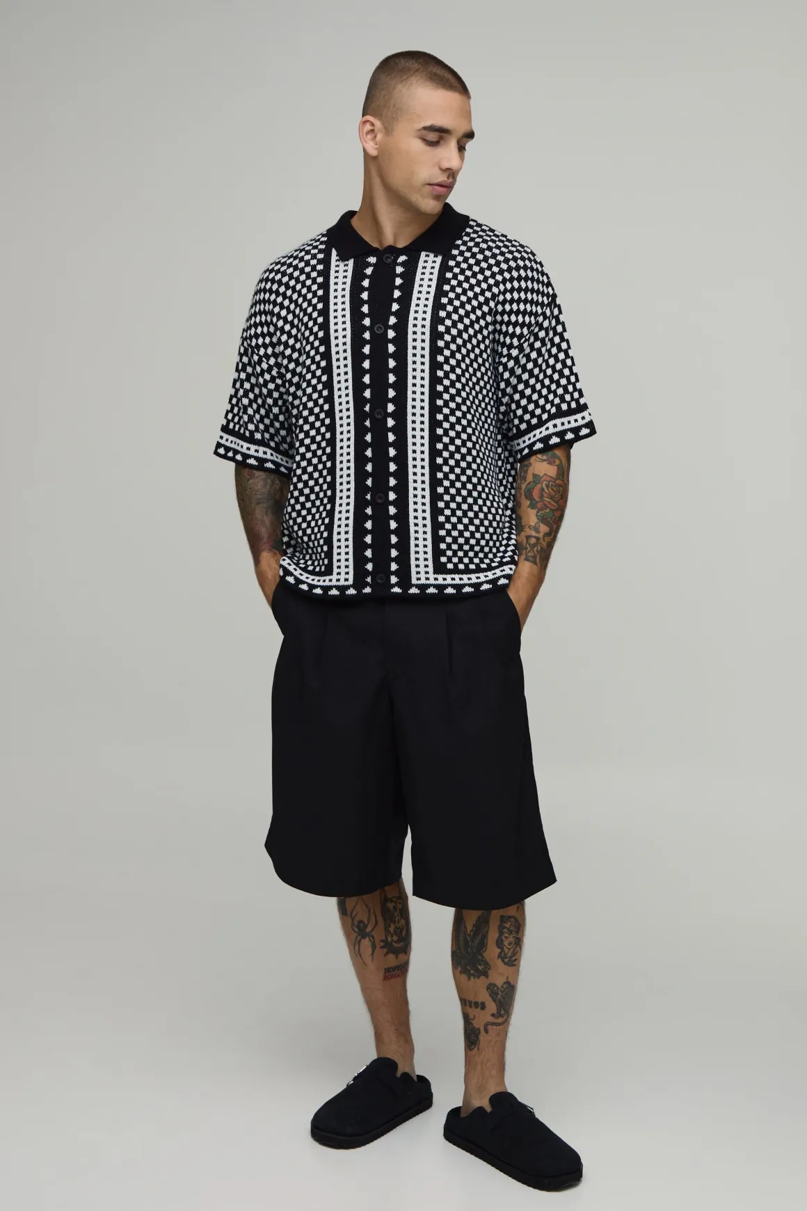 Chemise En Maille À Manches Courtes Coupe Ample À Carreaux Bordés