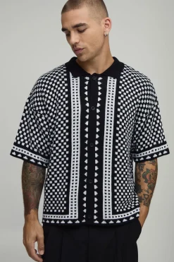 Chemise En Maille À Manches Courtes Coupe Ample À Carreaux Bordés