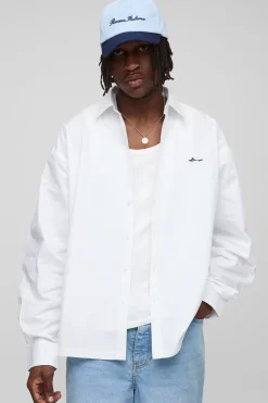 Chemise en popeline brodée à manches longues, surdimensionnée pour les grandes tailles