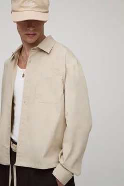 boohooMAN Chemise en popeline à manches longues, brodée, au style carré et surdimensionnée avec un ourlet bungee<Homme Chemises