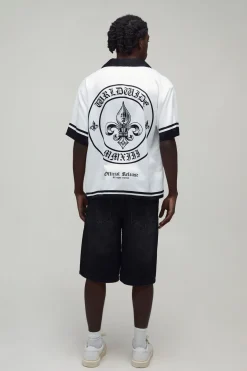 Chemise En Satin Oversize À Manches Courtes Imprimé Bordure Mondiale