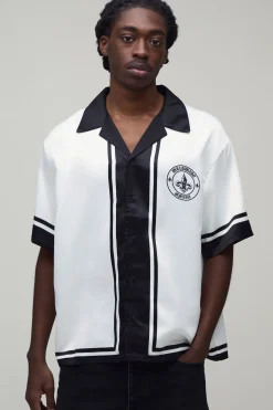 Chemise En Satin Oversize À Manches Courtes Imprimé Bordure Mondiale