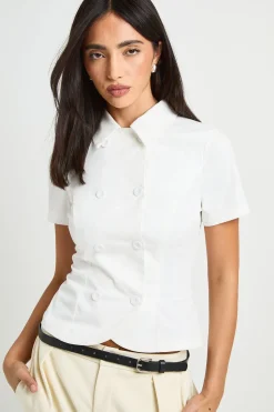 boohoo Chemise En Sergé À Manches Courtes Double Boutonnage<Femme Tops