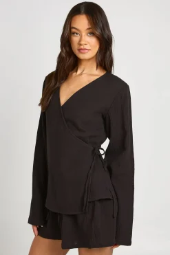 boohoo Chemise Grande Taille En Gaze De Coton Avec Liens Latéraux Ensemble Coordonné<Femme Ensembles