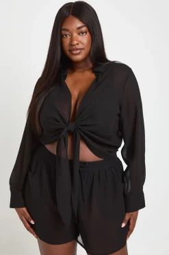 boohoo Chemise Grande Taille En Mousseline Avec Nœud Devant<Femme Tenues De Plage