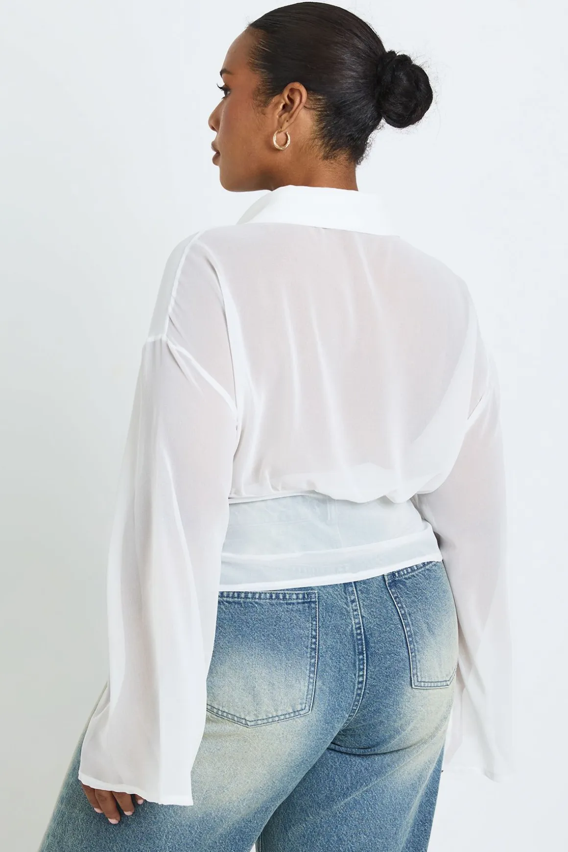 Chemise Grande Taille En Mousseline Taille Cintrée Manches Évasées