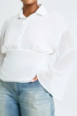 Chemise Grande Taille En Mousseline Taille Cintrée Manches Évasées