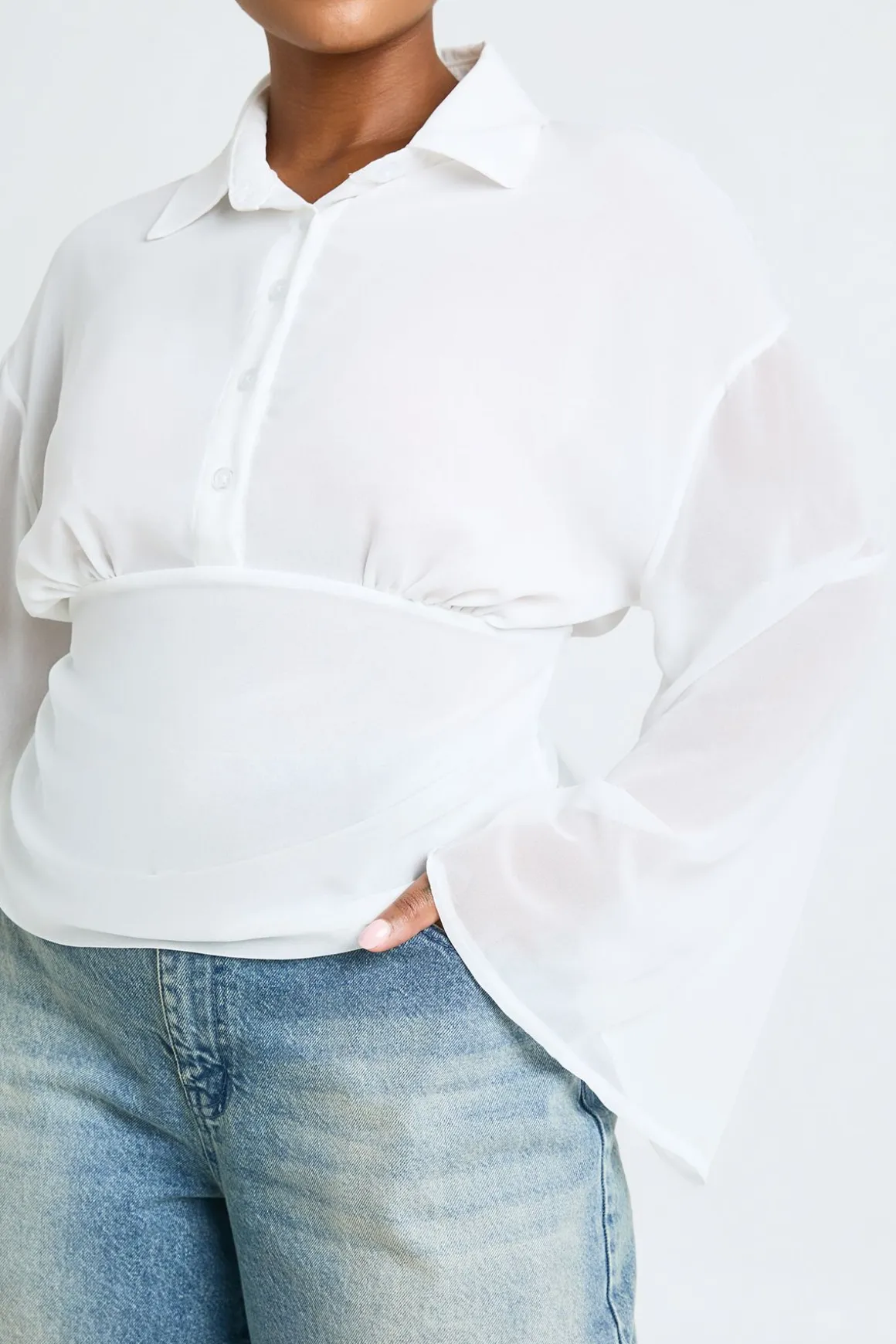 Chemise Grande Taille En Mousseline Taille Cintrée Manches Évasées