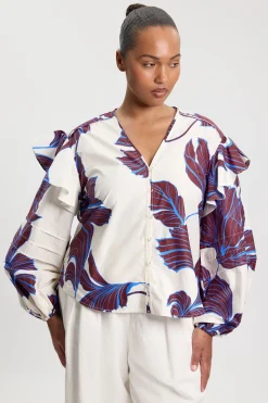 Chemise Grande Taille En Satin De Coton Tissé À Imprimé Floral Graphique