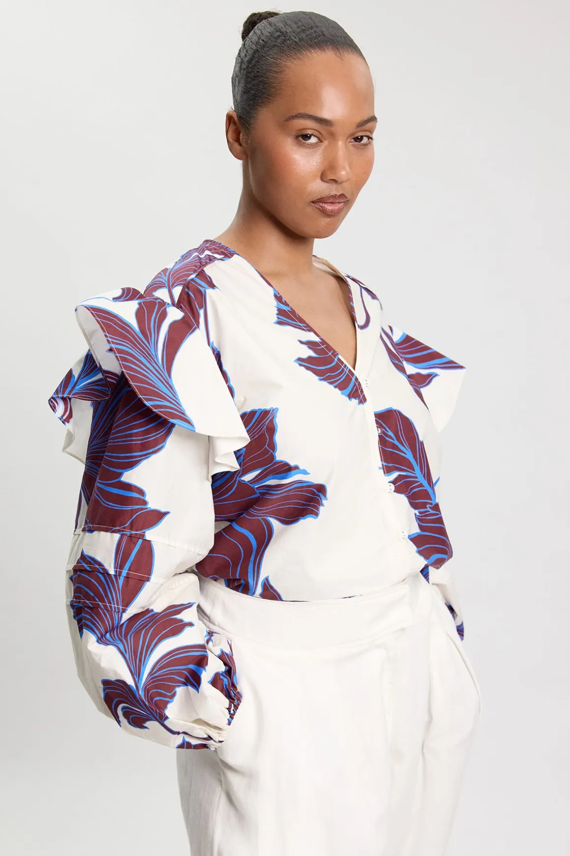 Chemise Grande Taille En Satin De Coton Tissé À Imprimé Floral Graphique