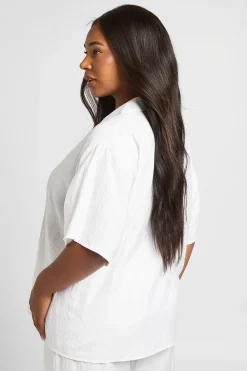 boohoo Chemise Grande Taille À Manches Courtes Effet Lin<Femme Tons Neutres|Tenues De Plage