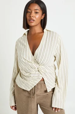 Chemise Grande Taille À Rayures Avec Torsade Frontale Et Taille Froncée