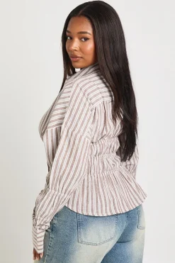 Chemise Grande Taille à Rayures Tennis en Popeline avec Taille Froncée