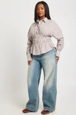 Chemise Grande Taille à Rayures Tennis en Popeline avec Taille Froncée
