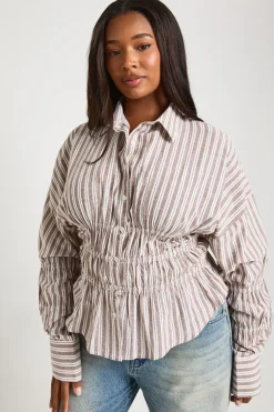Chemise Grande Taille à Rayures Tennis en Popeline avec Taille Froncée
