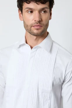 Chemise Habillée Blanche Cintrée À Plis Devant Et Patte De Boutonnage Dissimulée