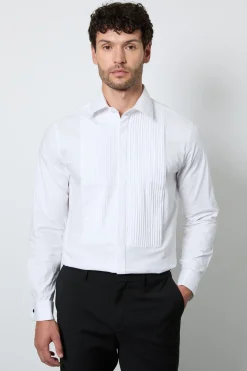 Chemise Habillée Blanche Cintrée À Plis Devant Et Patte De Boutonnage Dissimulée