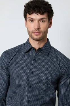Chemise Habillée Bleu Marine À Manches Longues Avec Petit Imprimé Géométrique