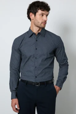 Chemise Habillée Bleu Marine À Manches Longues Avec Petit Imprimé Géométrique