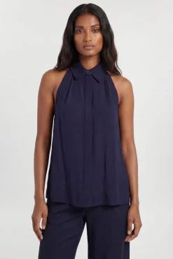 KarenMillen Chemise Haut De Gamme En Lin Et Viscose Avec Col Licou Tissé<Femme Tops