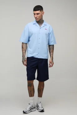 boohooMAN Chemise Haute Coupe Boxy Oversize À Manches Courtes Broderie Riviera Française<Homme Chemises|Tout Afficher