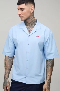 boohooMAN Chemise Haute Coupe Boxy Oversize À Manches Courtes Broderie Riviera Française<Homme Chemises|Tout Afficher