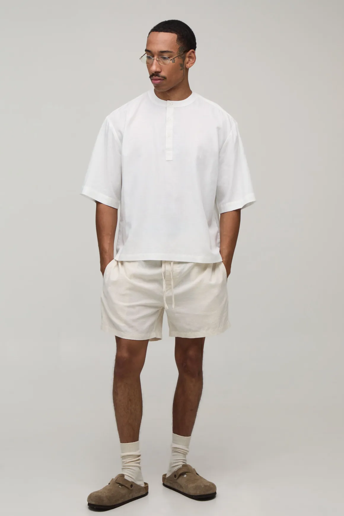 Chemise Henley Oversize Ample À Manches Courtes En Mélange De Lin