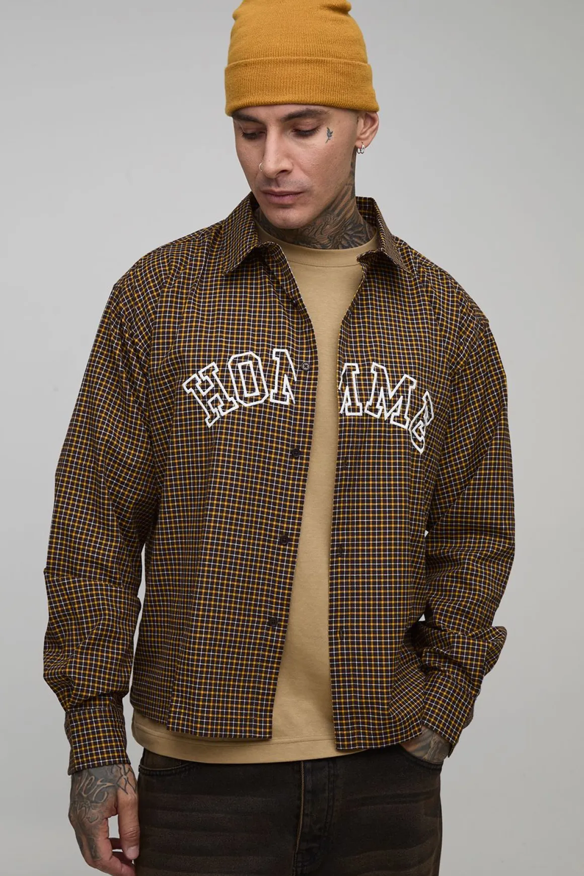 Chemise Homme Grande, Surdimensionnée et Boxy avec Appliques et Micro Carreaux