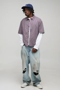 boohooMAN Chemise longue, carrée, surdimensionnée à micro-carreaux et à effet de superposition<Homme Chemises|Tout Afficher