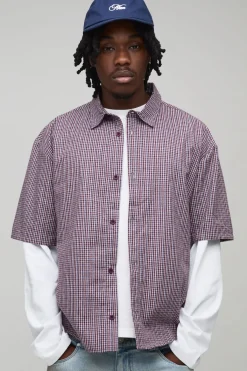 boohooMAN Chemise longue, carrée, surdimensionnée à micro-carreaux et à effet de superposition<Homme Chemises|Tout Afficher