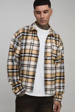 boohooMAN Chemise longue, surdimensionnée et carrée avec éclaboussures de peinture et motif à carreaux<Homme Chemises|Tout Afficher