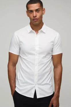 boohooMAN Chemise Manches Courtes Coupe Extensible<Homme Chemises