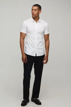 boohooMAN Chemise Manches Courtes Coupe Extensible<Homme Chemises