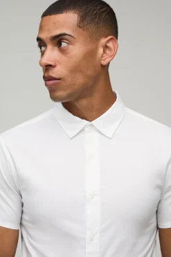 boohooMAN Chemise Manches Courtes Coupe Extensible<Homme Chemises