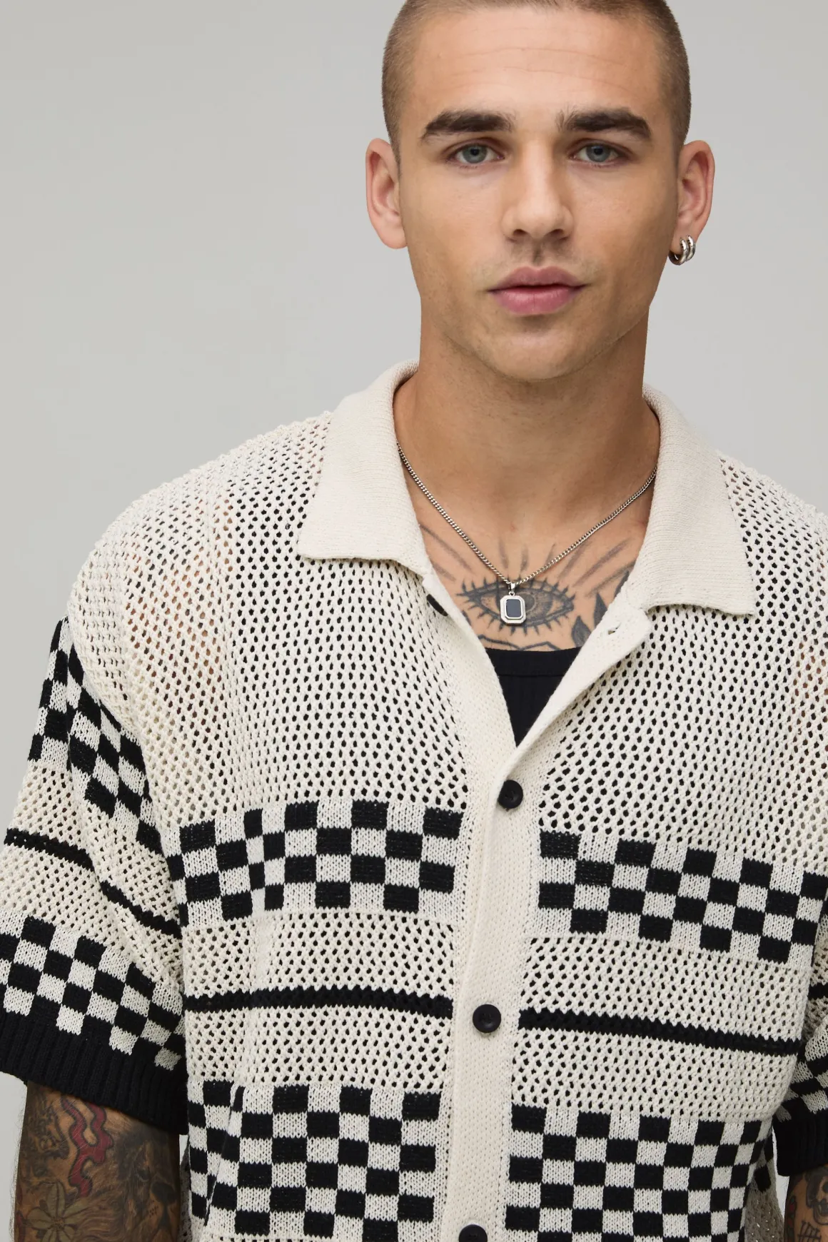 Chemise À Manches Courtes Coupe Ample Décontractée À Damier En Maille Ajourée