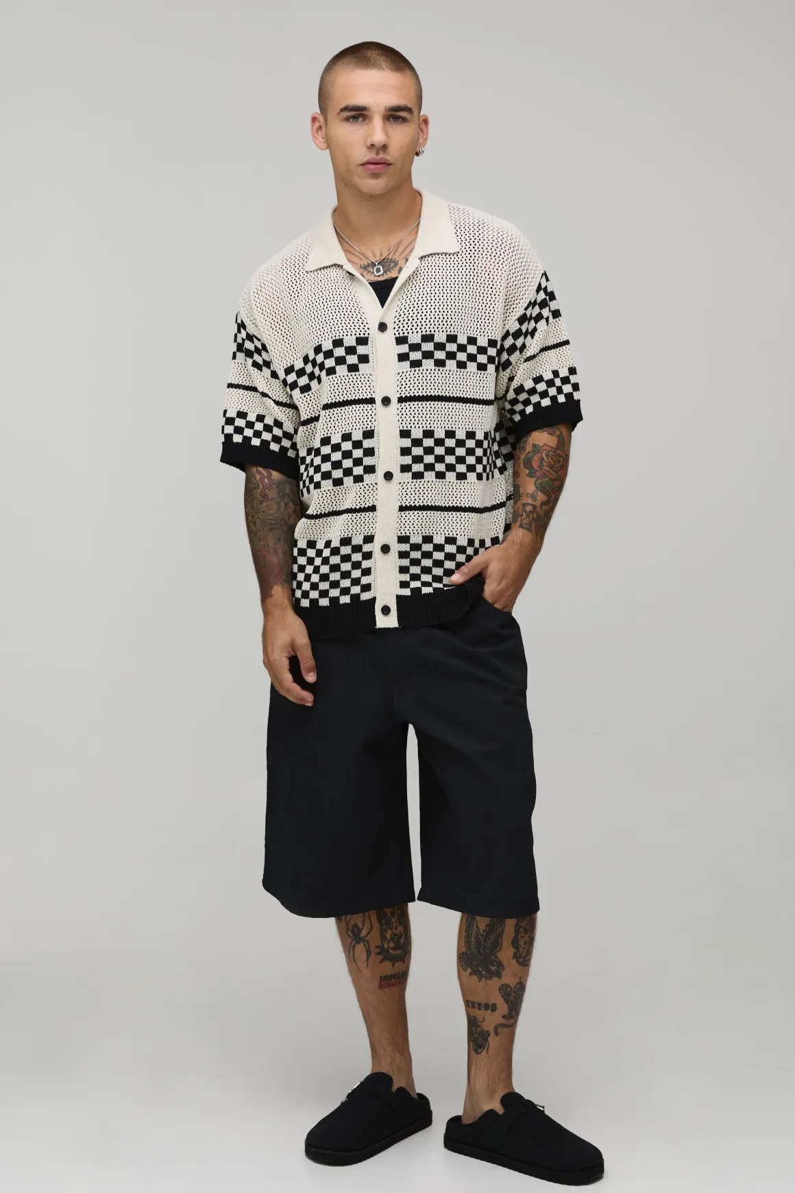 Chemise À Manches Courtes Coupe Ample Décontractée À Damier En Maille Ajourée