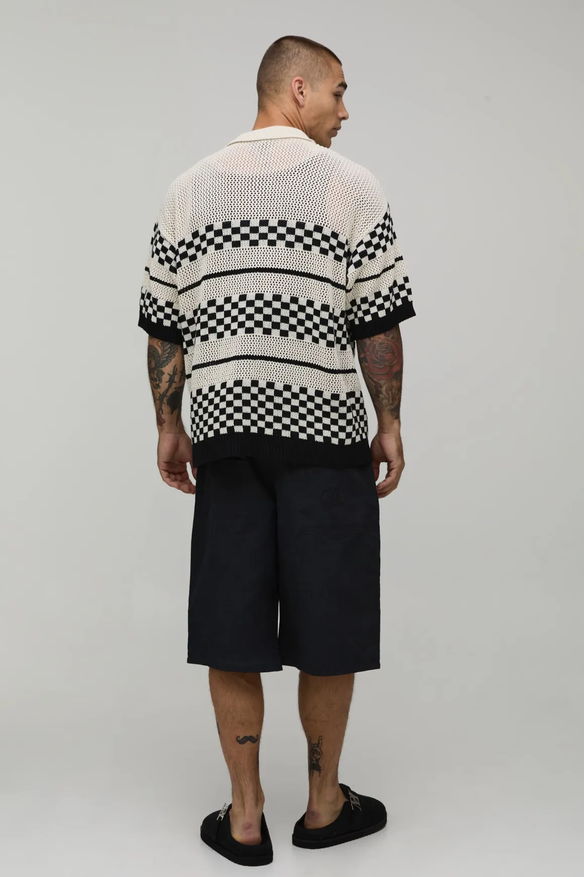 Chemise À Manches Courtes Coupe Ample Décontractée À Damier En Maille Ajourée