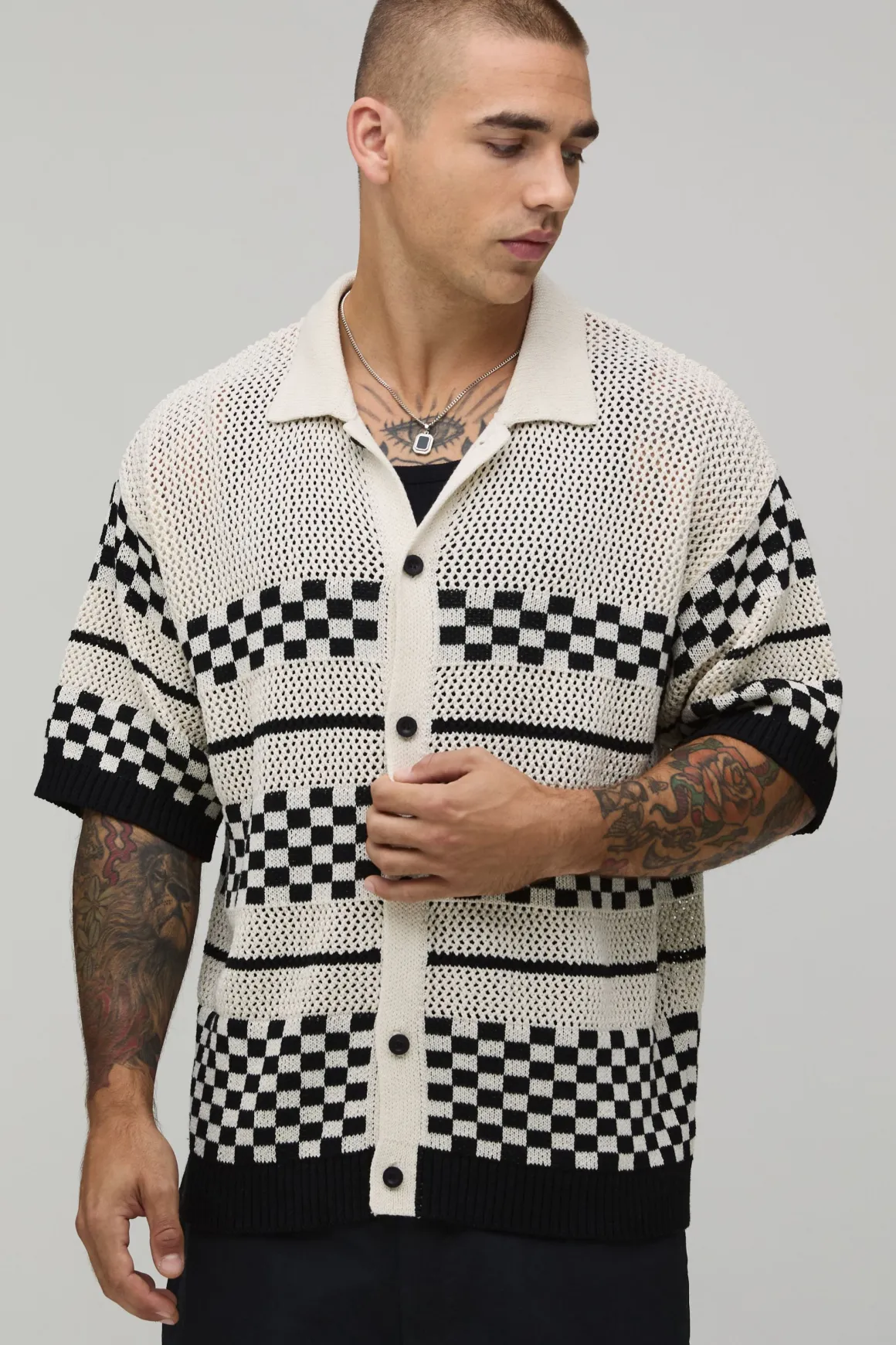 Chemise À Manches Courtes Coupe Ample Décontractée À Damier En Maille Ajourée