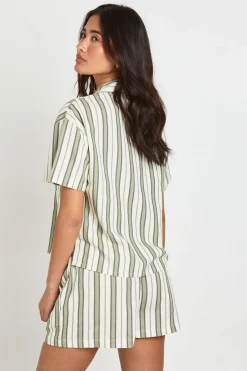 boohoo Chemise À Manches Courtes En Lin Rayé Premium<Femme Tops
