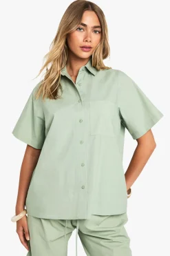 boohoo Chemise à manches courtes en popeline de coton<Femme Tops