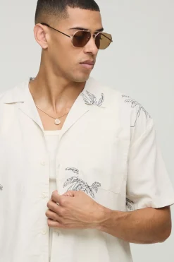 boohooMAN Chemise à manches courtes oversize en mélange de lin à imprimé palmier<Homme Chemises